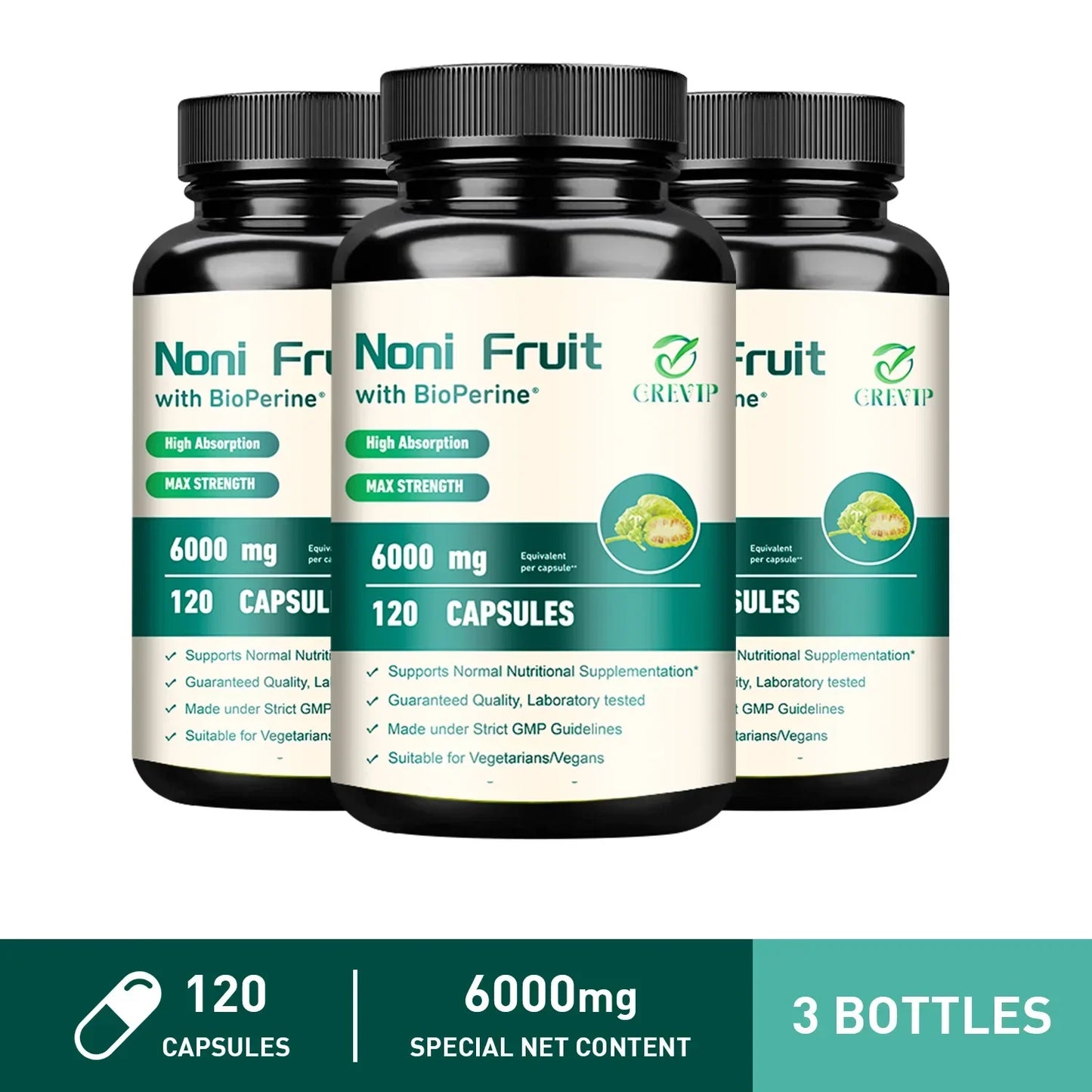 GREVIP | Noni Fruit with BioPerine® 6000mg | Immunity, Skin Health, Energy, Endurance | 60 Capsules