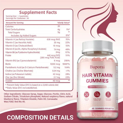 Buporai | Hair Growth Gummies | Strengthens Hair, Skin & Nails, Improves Elasticity | 60 Gummies