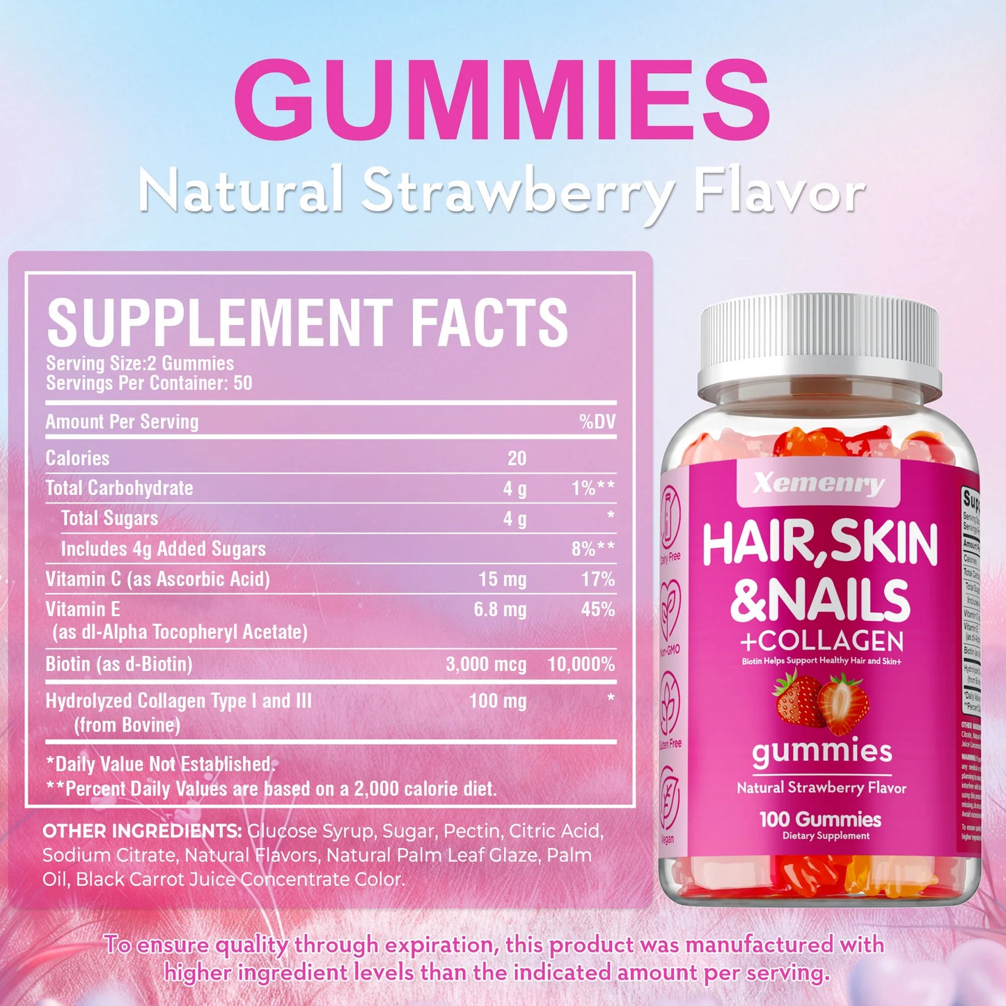 Xemenry | High Potency Biotin Gummies with Collagen | Healthy Hair, Skin & Nails Support | 60 Gummies