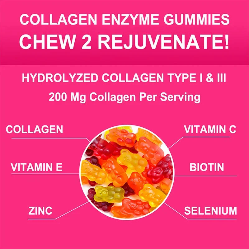 Buporai | Collagen + Enzyme Gummies with Biotin | Hair Growth, Skin Care, Nails, Bone & Joint Support | 100 Gummies