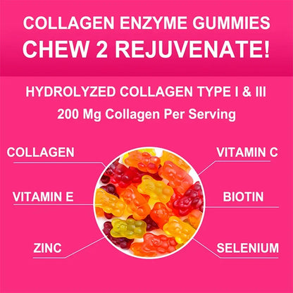 Buporai | Collagen + Enzyme Gummies with Biotin | Hair Growth, Skin Care, Nails, Bone & Joint Support | 100 Gummies