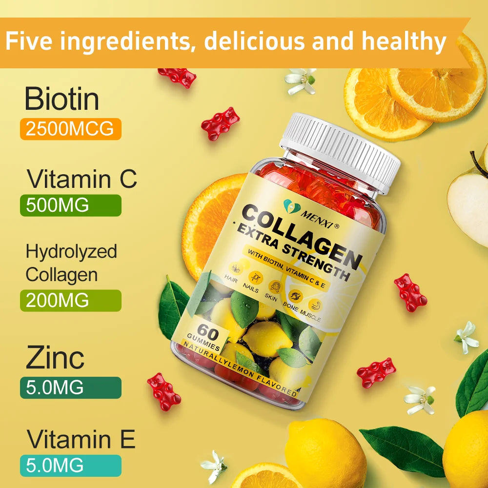 MENXI® | Biotin & Collagen Gummies – Extra Strength | Hair, Skin, Nails, Bone & Muscle Support | 60/120/240 Gummies