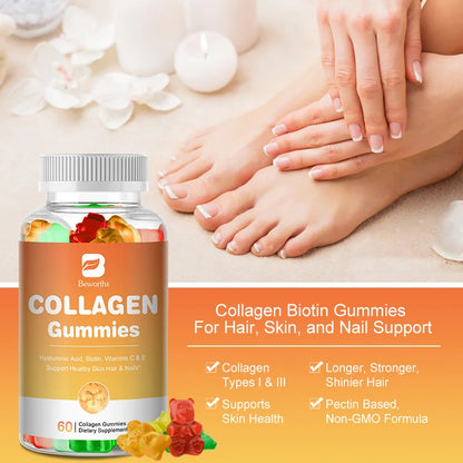 Beworths | Collagen Gummies with Biotin & Vitamins C & E | Hair Growth, Skin Care, Nails, Anti-Aging | 60 Gummies
