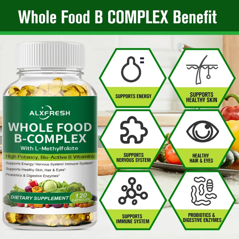 Alxfresh | Whole Food B-Complex with L-Methylfolate | Energy, Hair, Skin & Immune Support