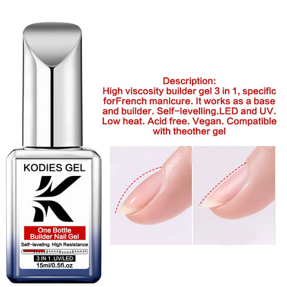 KODIES GEL 3 IN 1 Builder Nail Gel Polish No Pain Nude Self Leveling Thick Construction Hard Gel for Extension Manicure Nail Art