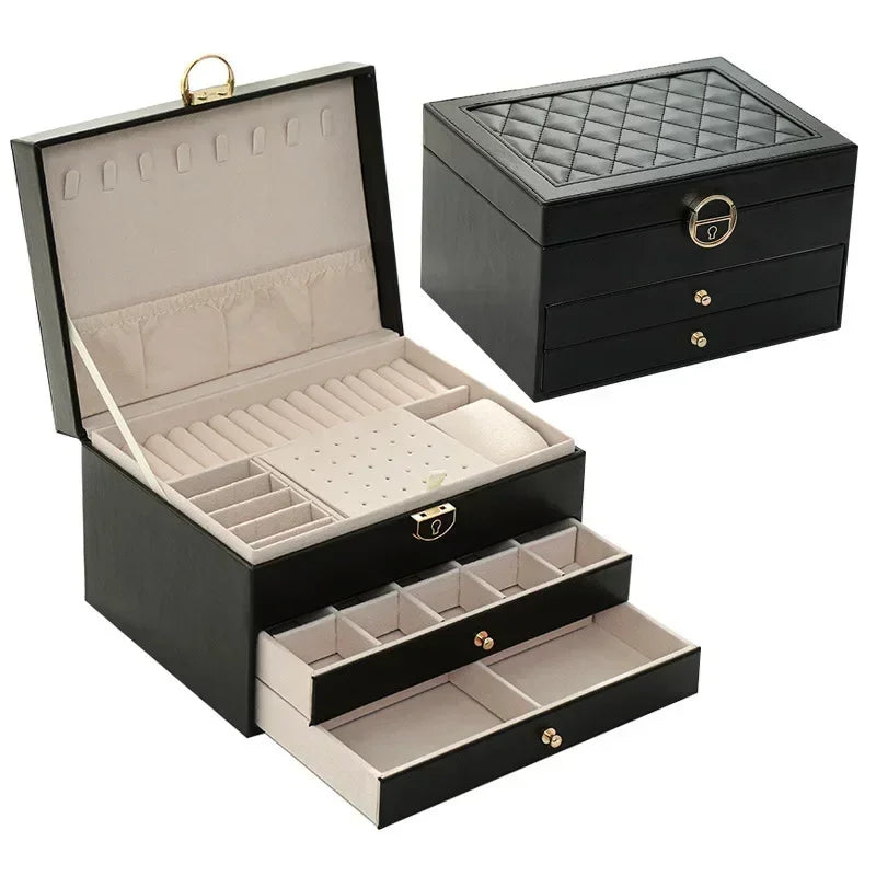 Diamond shaped three-layer lockable drawer jewelry box, household jewelry storage box, portable large capacity jewelry packaging