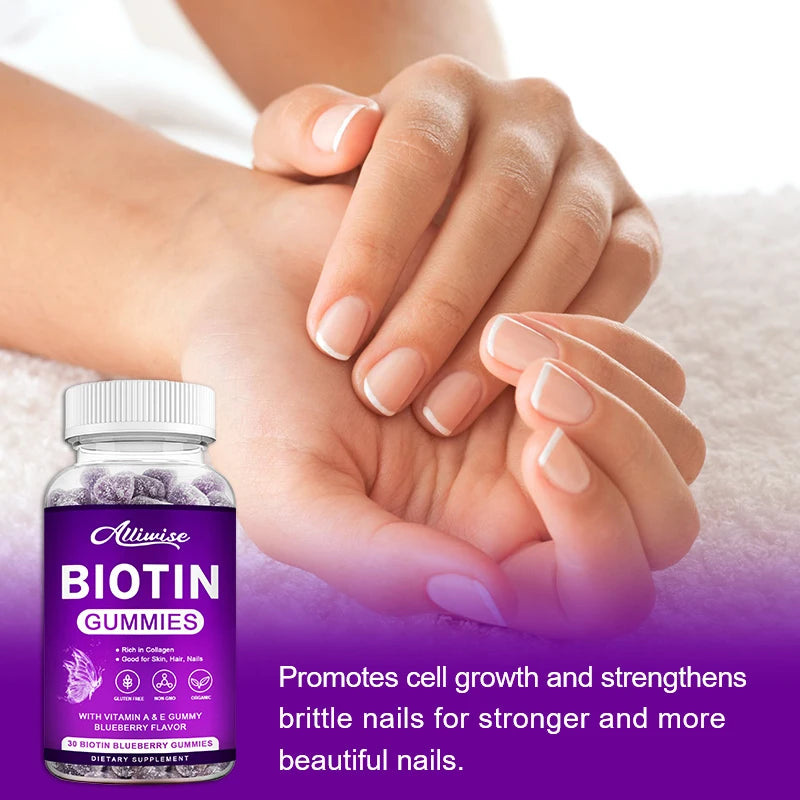 Allimise | Biotin Gummies with Collagen & Vitamins A & E | Hair Growth, Skin & Nails Support, Gluten-Free, Non-GMO | 60 Gummies