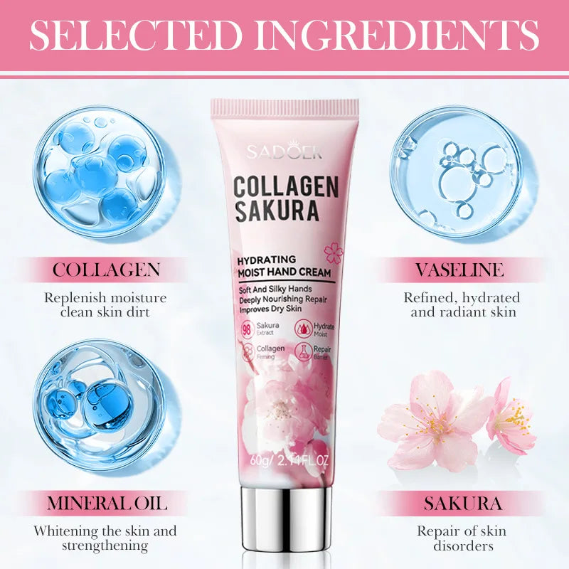 SADOER Sakura Collagen Hand Cream Hands Moisturizing Nourishing Brightening Hydrating Hands Creams Hand Skin Care Products