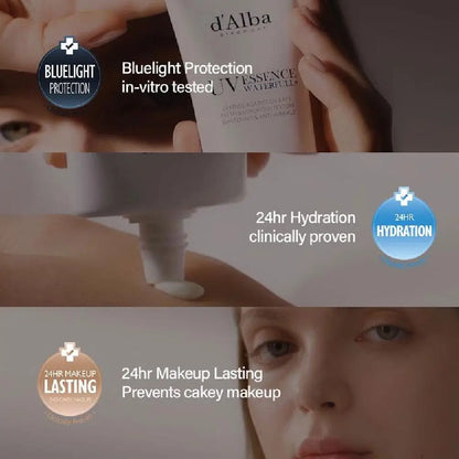 d'Alba UV Essence Waterfull+ Sunscreen SPF 50+ PA++++ | Full Body UV Protection, Hydrating & Tone-Up Pink Correcting Sun Cream | 50ml