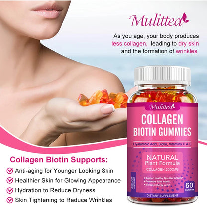Mulittea | Collagen Biotin Gummies| Hair Growth, Skin Care, Nails, Joint Support | 60 Gummies