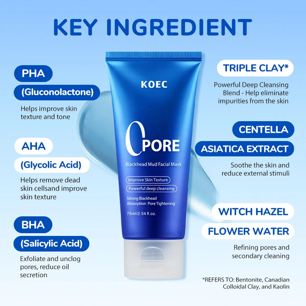 KOEC Kaolin Clay Facial Mask | Deep Cleansing, Blackhead Removal & Pore Tightening | Moisturizing & Anti-Aging Treatment | 75ml