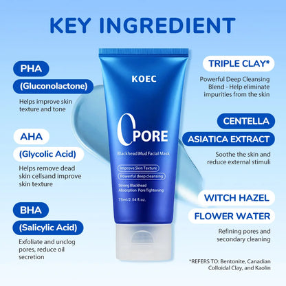 KOEC Kaolin Clay Facial Mask | Deep Cleansing, Blackhead Removal & Pore Tightening | Moisturizing & Anti-Aging Treatment | 75ml