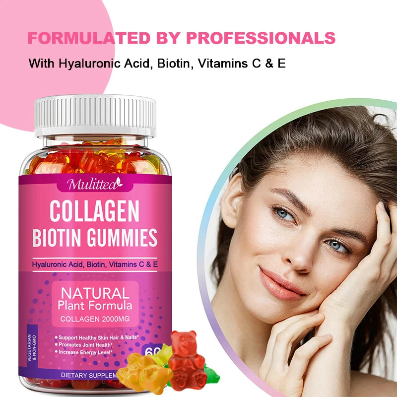 Mulittea | Collagen Biotin Gummies| Hair Growth, Skin Care, Nails, Joint Support | 60 Gummies