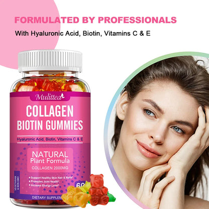Mulittea | Collagen Biotin Gummies| Hair Growth, Skin Care, Nails, Joint Support | 60 Gummies