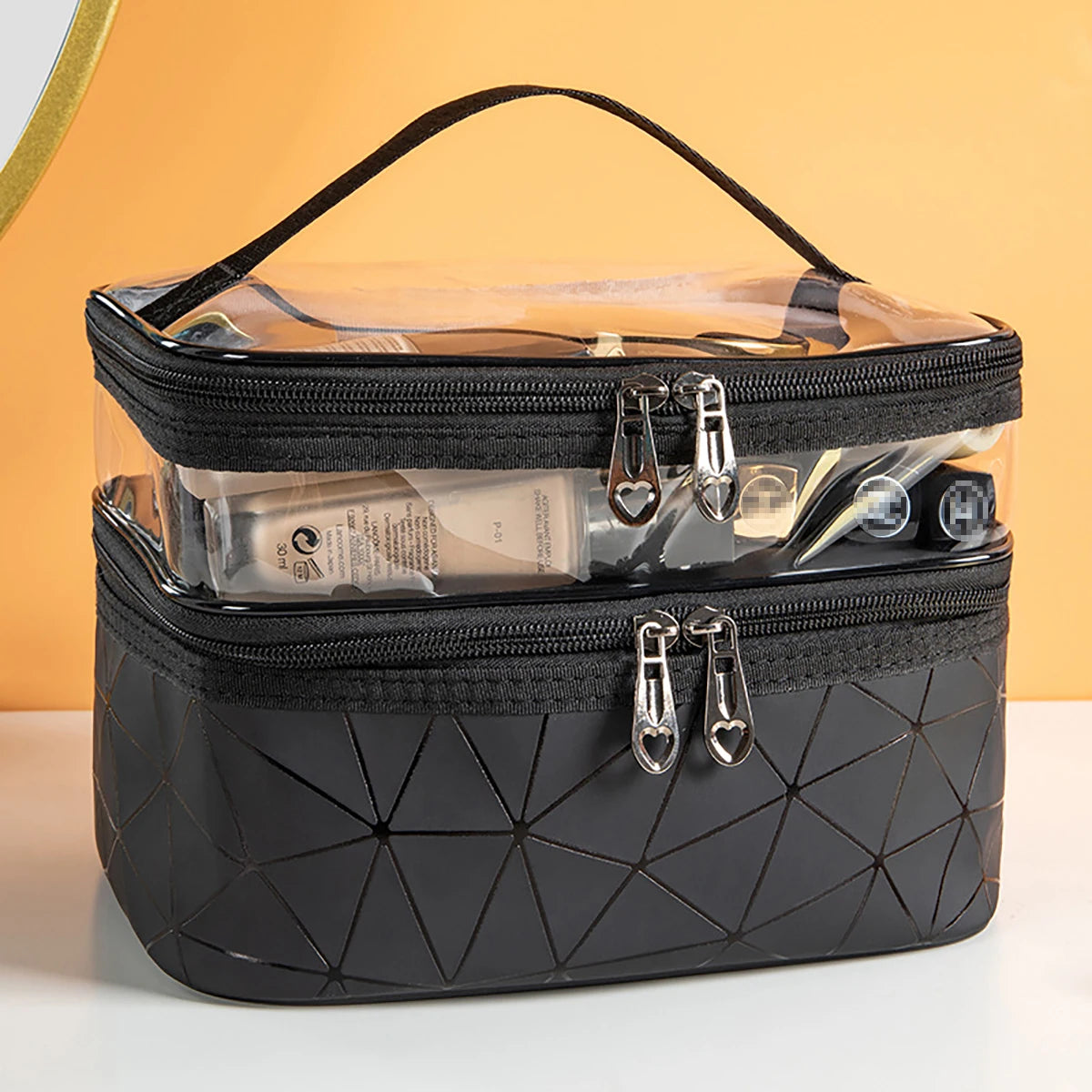 Doublelayer Makeup Bag,Waterproof PVC Travel Pouch Portable Washbag
