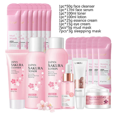 Green Tea & Sakura Skincare Kit | Korean Cosmetics for Women | Moisturizing, Acne Care & Exfoliating Face Set