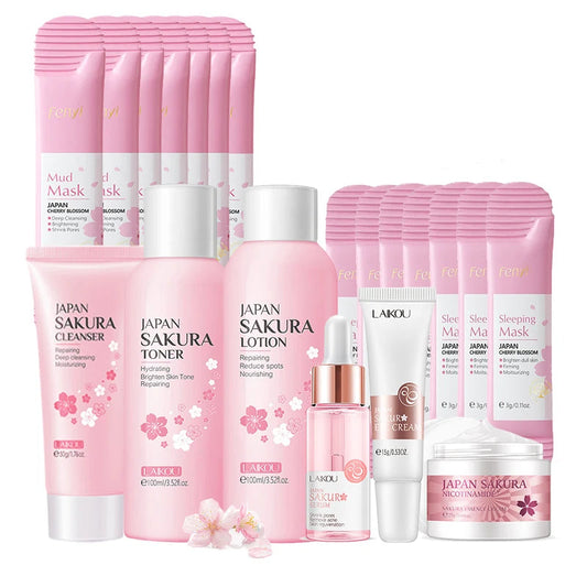 Green Tea & Sakura Skincare Kit – Korean Cosmetics Set for Moisturizing, Acne Care & Exfoliation