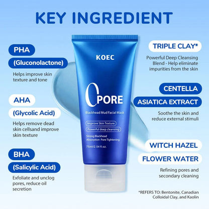 KOEC Kaolin Clay Facial Mask | Deep Cleansing, Blackhead Removal & Pore Tightening | Moisturizing & Anti-Aging Treatment | 75ml